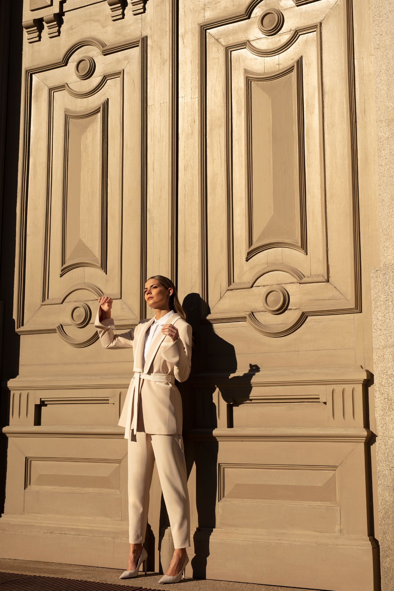 high waisted beige trousers